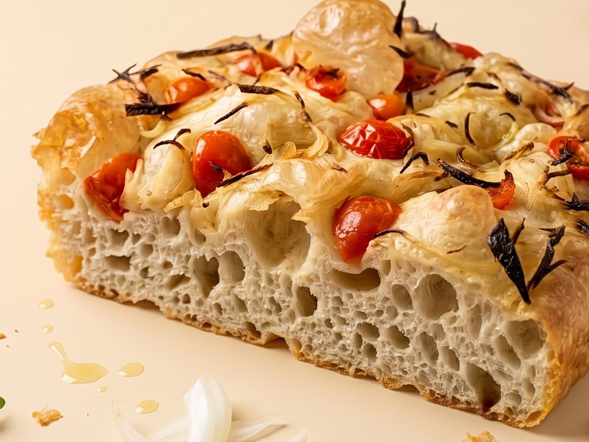 Focaccia con tomate cherry y cebolla recién salida del horno