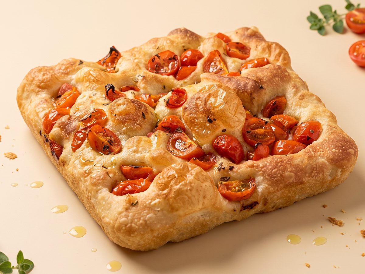 Focaccia de la casa en la mesa del obrador